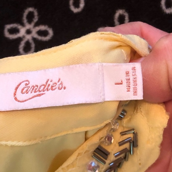 Vintage Candies Yellow Lace Dress with Rhinestones around Collar Size L - Picture 3 of 10